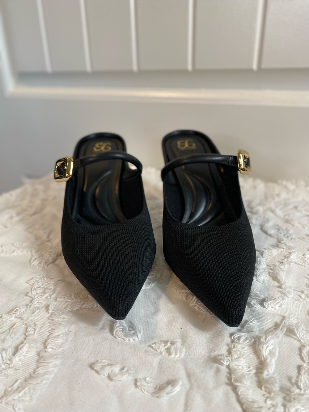 New!  Black Pointed Slingback Heels with Gold Buckle Accent - Picture 5 of 10